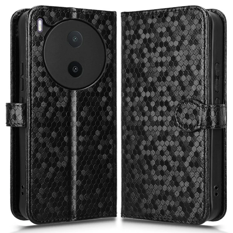 For vivo Y600 Pro 5G Wallet Case Dot Pattern Imprint PU Leather Phone Cover with Wrist Strap - Black