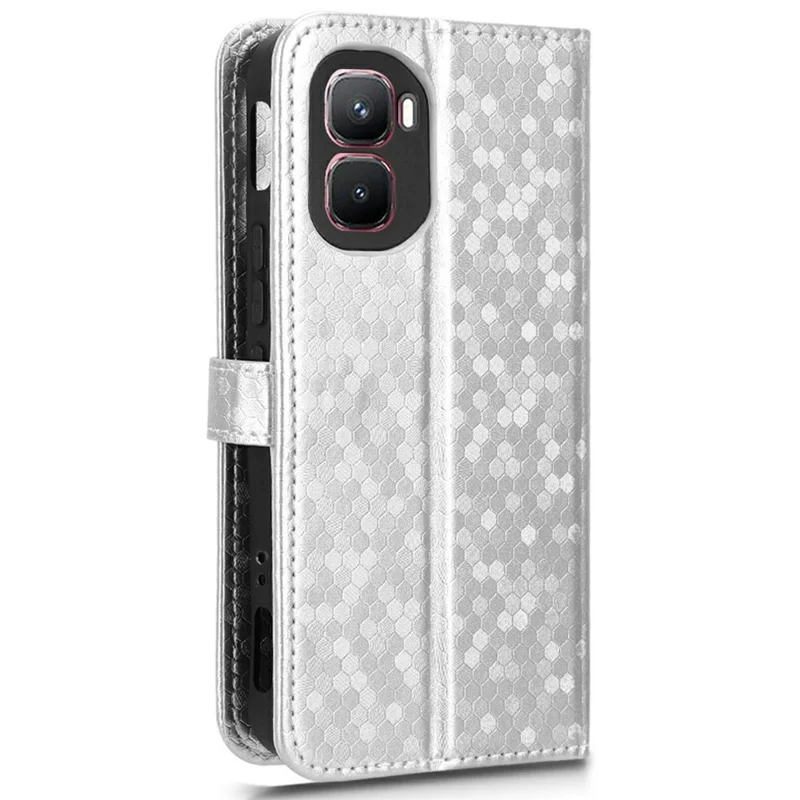 For Infinix GT 50 Pro 5G Wallet Case Dot Pattern Imprint PU Leather Phone Cover with Wrist Strap - Silver