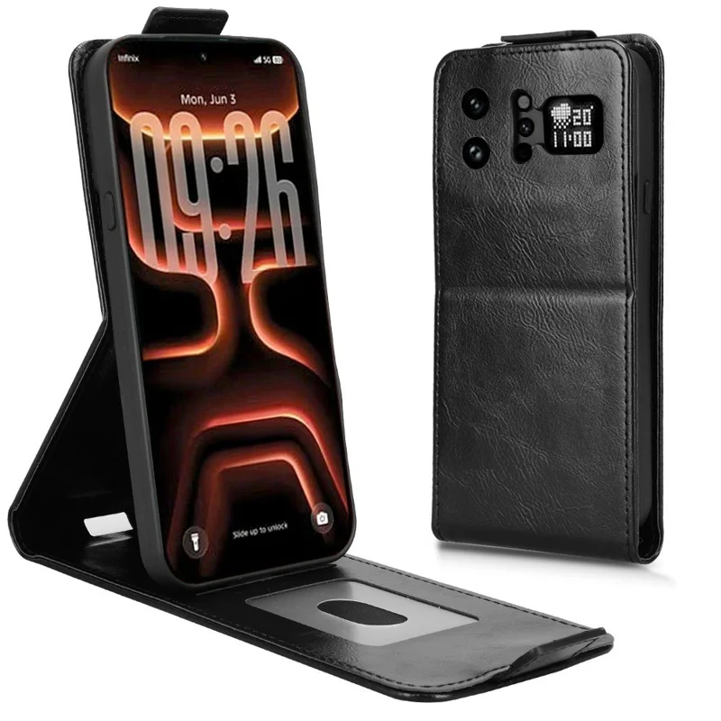 Cover con supporto per Infinix Note 60 Ultra 5G, custodia verticale con chiusura magnetica, rivestimento in pelle, con porta carte - Nero