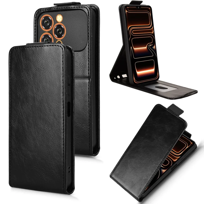 غطاء جوال بحامل لهاتف Oukitel C17 بتصميم قلاب رأسي مع إغلاق مغناطيسي وغطاء جلد مع حامل بطاقات - أسود