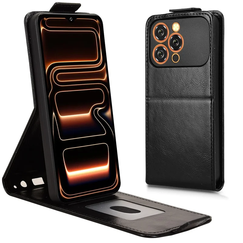غطاء جوال بحامل لهاتف Oukitel C17 بتصميم قلاب رأسي مع إغلاق مغناطيسي وغطاء جلد مع حامل بطاقات - أسود