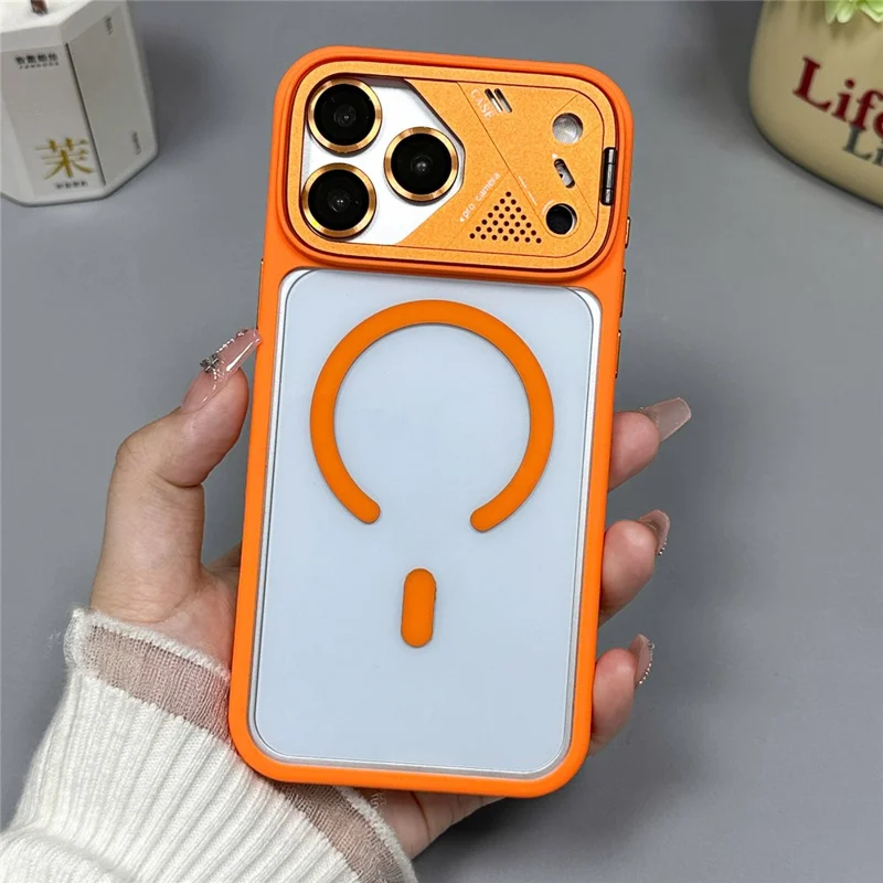 För iPhone 17 Pro Magnetisk Skal med Fällbar Stöd PC + TPU Skärmskydd Transparent Ryggsköld - Orange