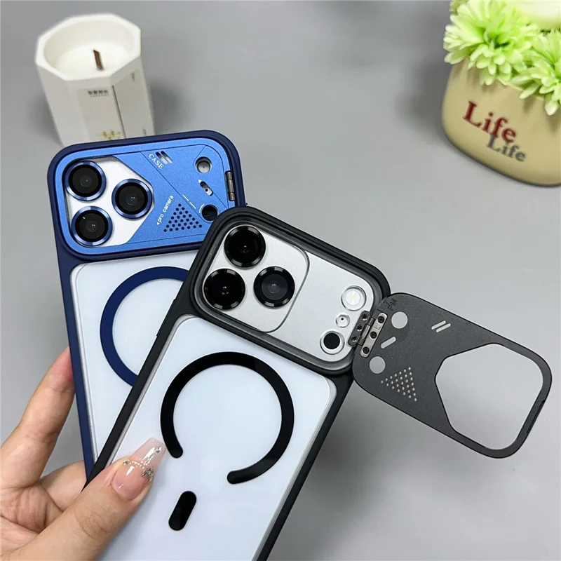 För iPhone 17 Pro Magnetisk Skal med Fällbar Stöd PC + TPU Skärmskydd Transparent Ryggsköld - Orange