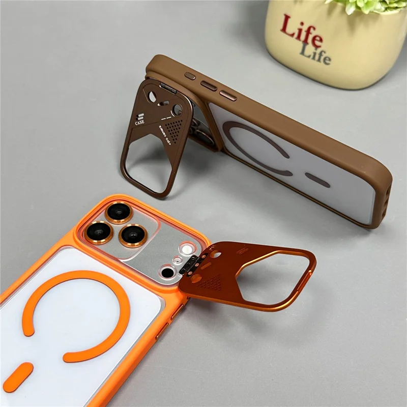För iPhone 17 Pro Magnetisk Skal med Fällbar Stöd PC + TPU Skärmskydd Transparent Ryggsköld - Orange