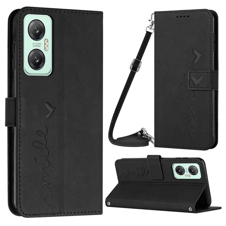 Für Infinix Hot 20 5G Hauttouch PU Leder Magnetisch Flip Cover Geprägtes Herzform Wallet Stand Schutz Telefonhülle Mit Schultergurt - Schwarz