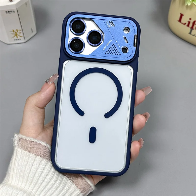 For iPhone 17 Pro Max Magnetic Case Kickstand PC + TPU Anti-Scratch Clear Phone Back Cover - Dark Blue