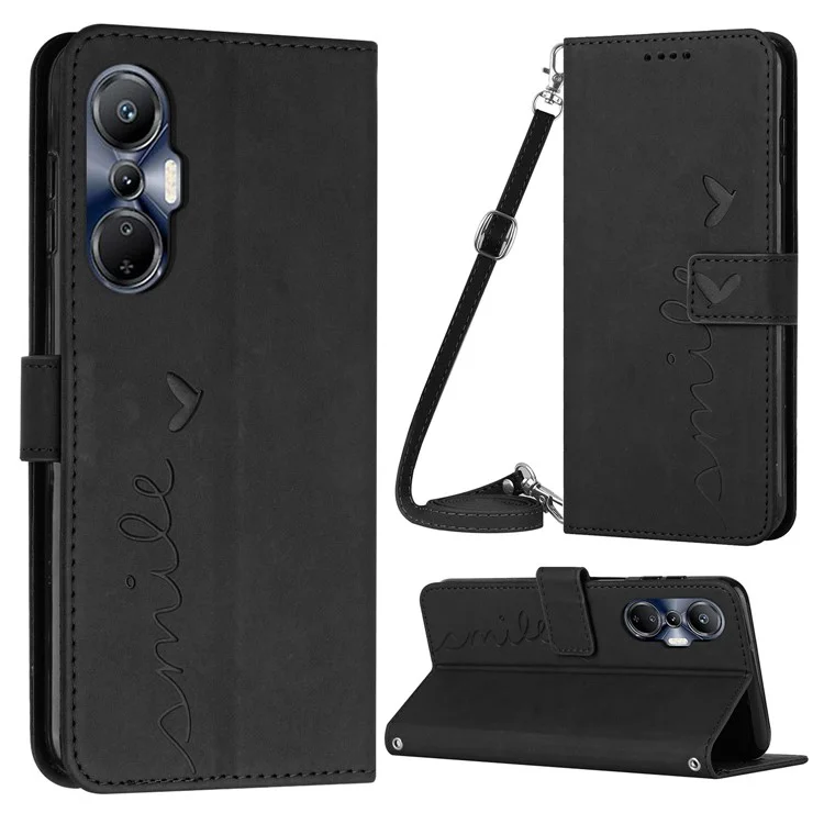 Für Infinix Hot 20s 4G PU Leder Magnetische Telefonhülle Hauttouch Feeling Herzform Eingeprägter Brieftasche Ständer Flip Cover Mit Schultergurt - Schwarz