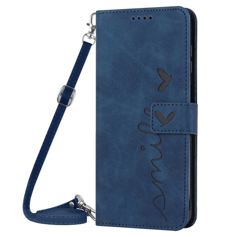For Infinix Hot 20S 4G PU Leather Case Heart Shape Imprinted Wallet Stand Flip Cover with Shoulder Strap - Sapphire