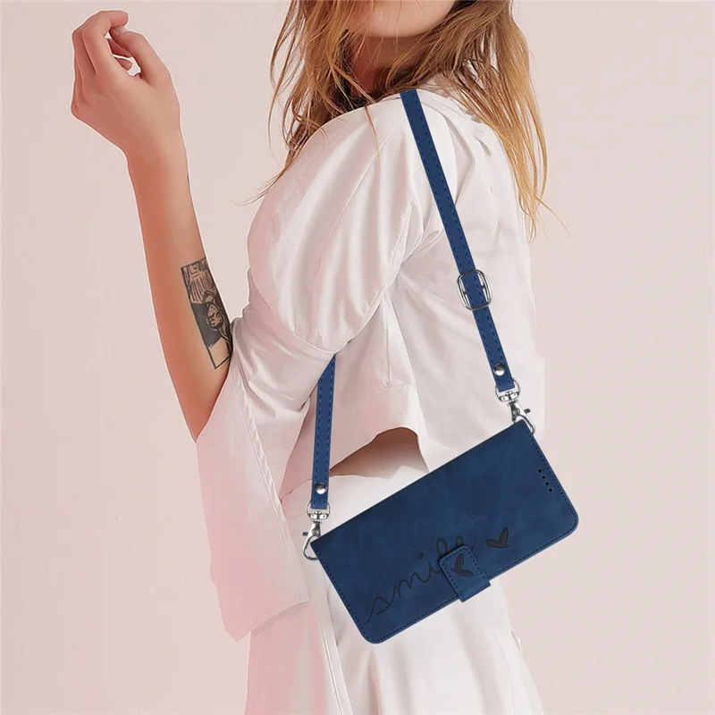 For Infinix Hot 20S 4G PU Leather Case Heart Shape Imprinted Wallet Stand Flip Cover with Shoulder Strap - Sapphire