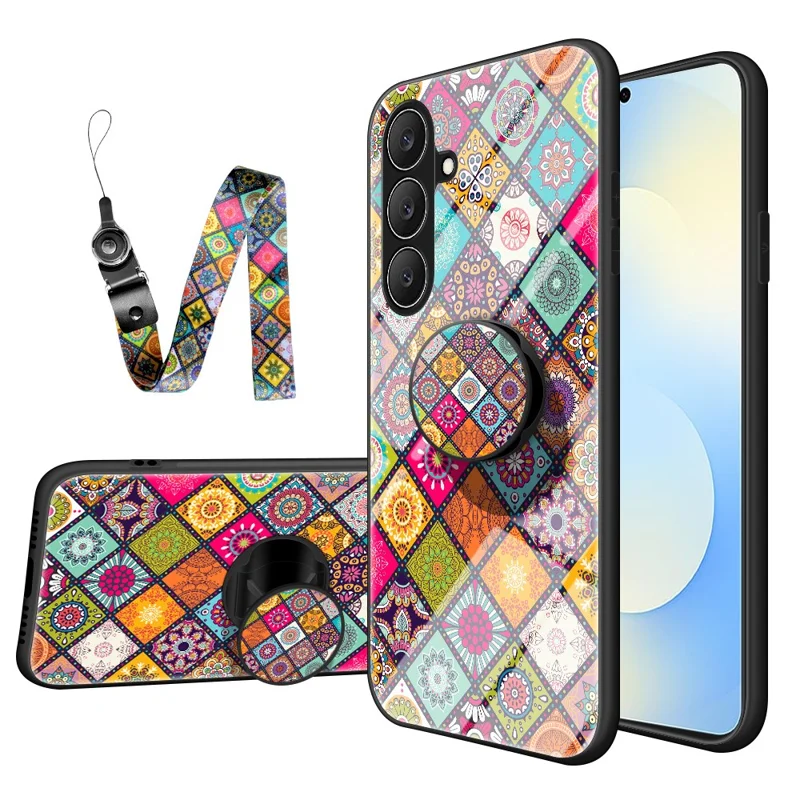 For Samsung Galaxy S26 FE Phone Case Kickstand Ethnic Pattern Tempered Glass Phone Cover with Strap - Color Pattern