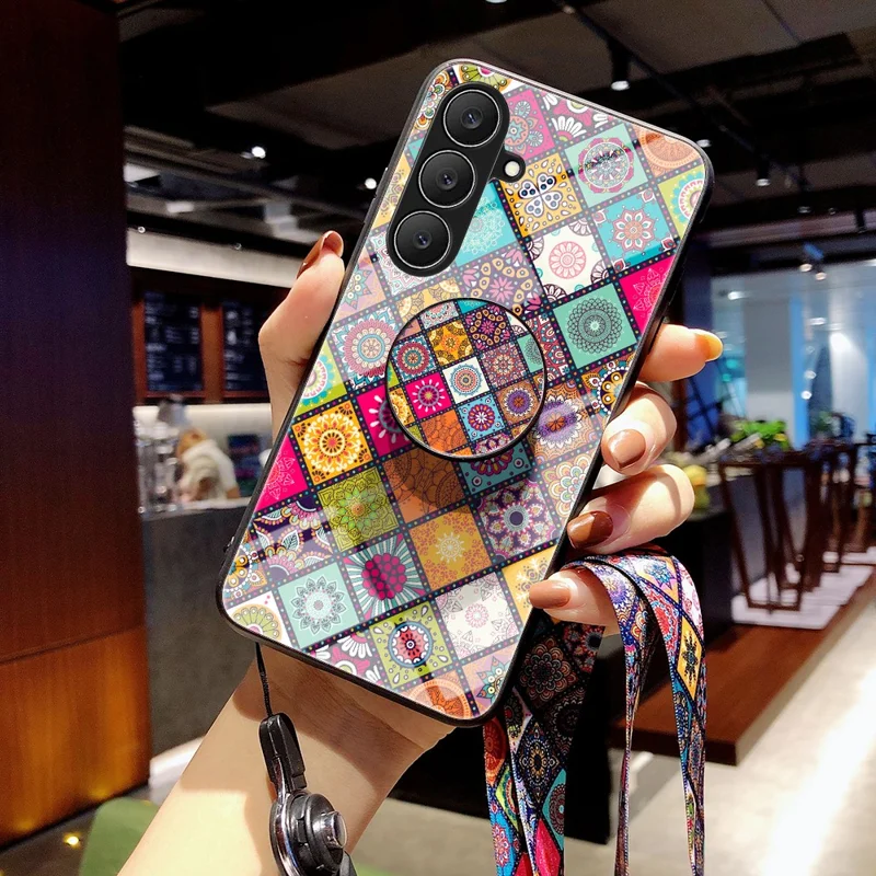For Samsung Galaxy S26 FE Phone Case Kickstand Ethnic Pattern Tempered Glass Phone Cover with Strap - Color Pattern