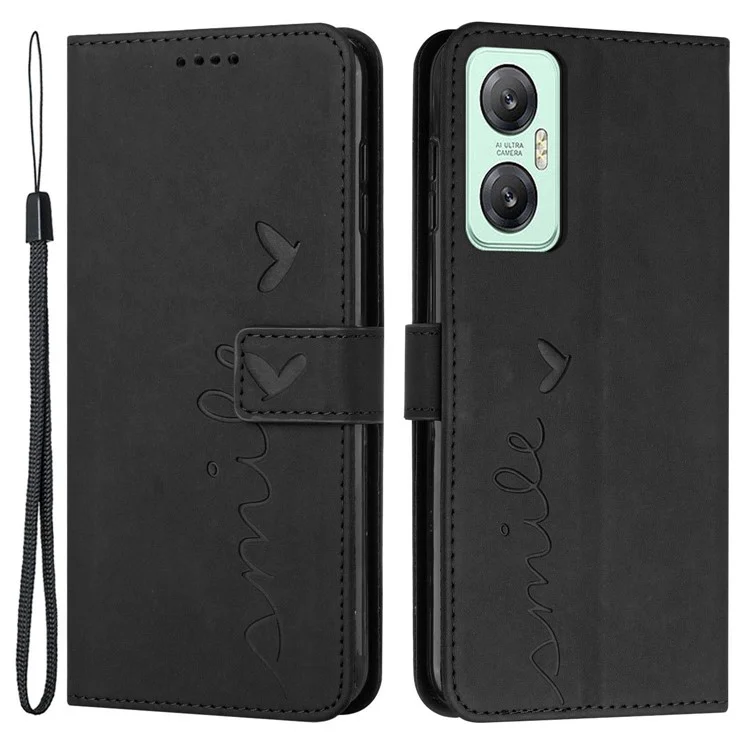 Für Infinix Hot 20 5G Flip Folio PU Leder Brieftasche Telefon Hülle Geprägte Herz Form Hauttouch Feeling Magnetic Cover Mit Riemen - Schwarz
