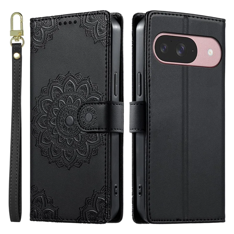 For Google Pixel 9  /  9 Pro  /  10  /  10 Pro Case Embossed Totem Leather Flip Wallet Phone Cover with Wrist Strap - Black