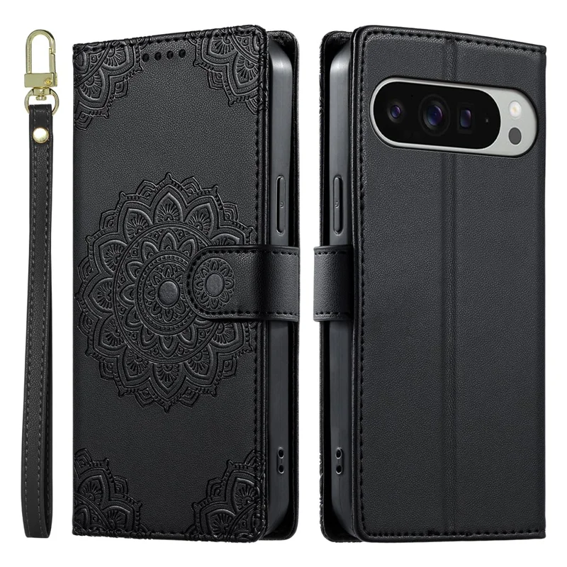 For Google Pixel 9 Pro XL  /  10 Pro XL Case Embossed Totem Leather Flip Wallet Phone Cover with Wrist Strap - Black