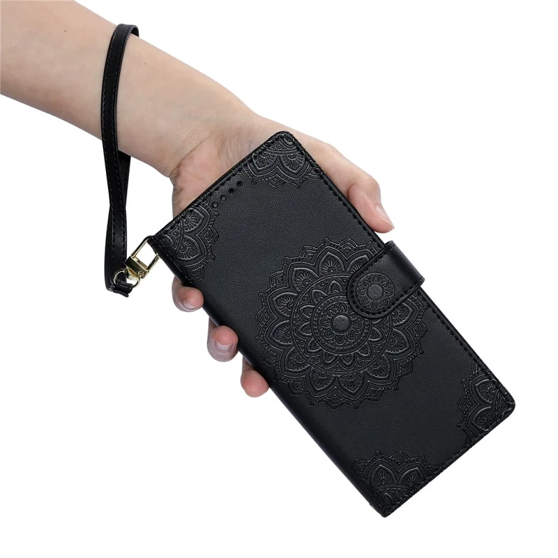 For Google Pixel 9 Pro XL  /  10 Pro XL Case Embossed Totem Leather Flip Wallet Phone Cover with Wrist Strap - Black