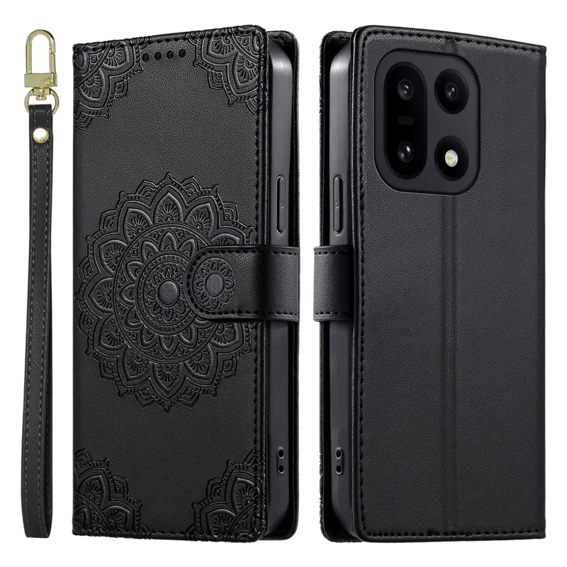 Voor OnePlus 15 5G Hoesje In reliëf gegraveerd Totem Leer Flip Portemonnee Telefoonhoesje met Polsbandje - Zwart