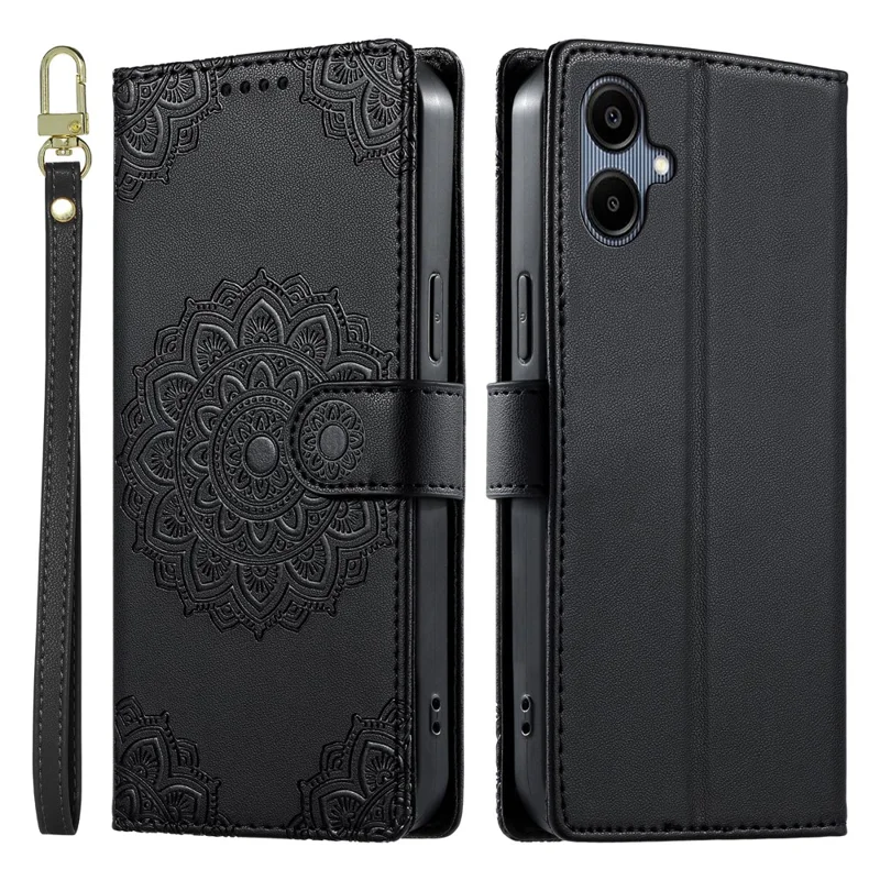 Til Samsung Galaxy A06 4G / A06 5G / A07 5G Hylse med Præget Totem Læder Flip Wallet Telefonbeskyttelse med Håndledsrem - Sort