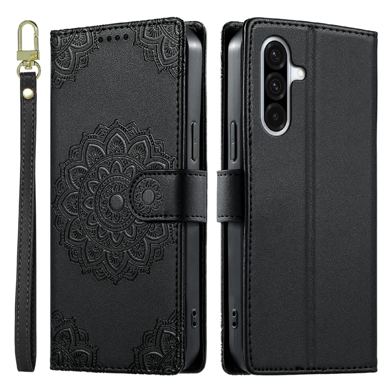 For Samsung Galaxy A36 5G Case Embossed Totem Leather Flip Wallet Phone Cover with Wrist Strap - Black