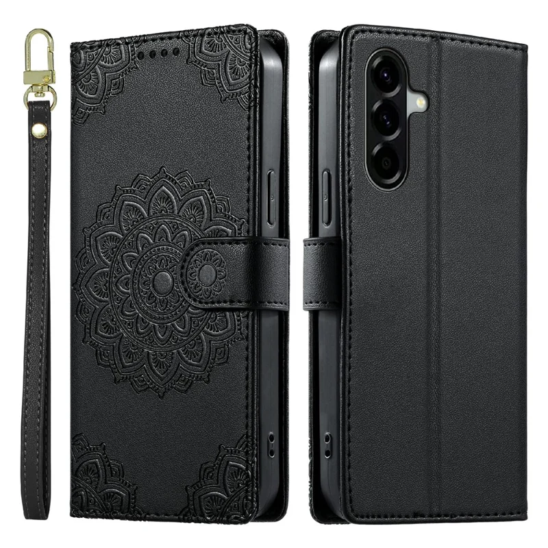 For Samsung Galaxy A57 5G Case Embossed Totem Leather Flip Wallet Phone Cover with Wrist Strap - Black