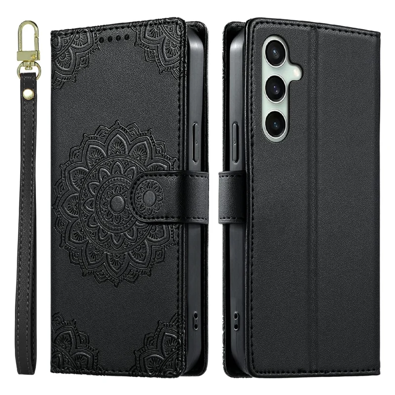 For Samsung Galaxy S24 FE Case Embossed Totem Leather Flip Wallet Phone Cover with Wrist Strap - Black