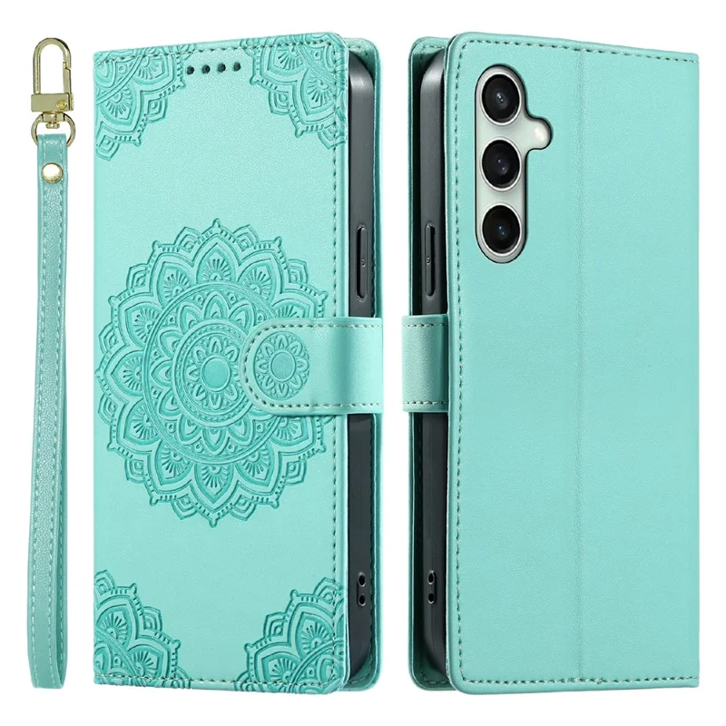 For Samsung Galaxy S24 FE Case Embossed Totem Leather Flip Wallet Phone Cover with Wrist Strap - Baby Blue