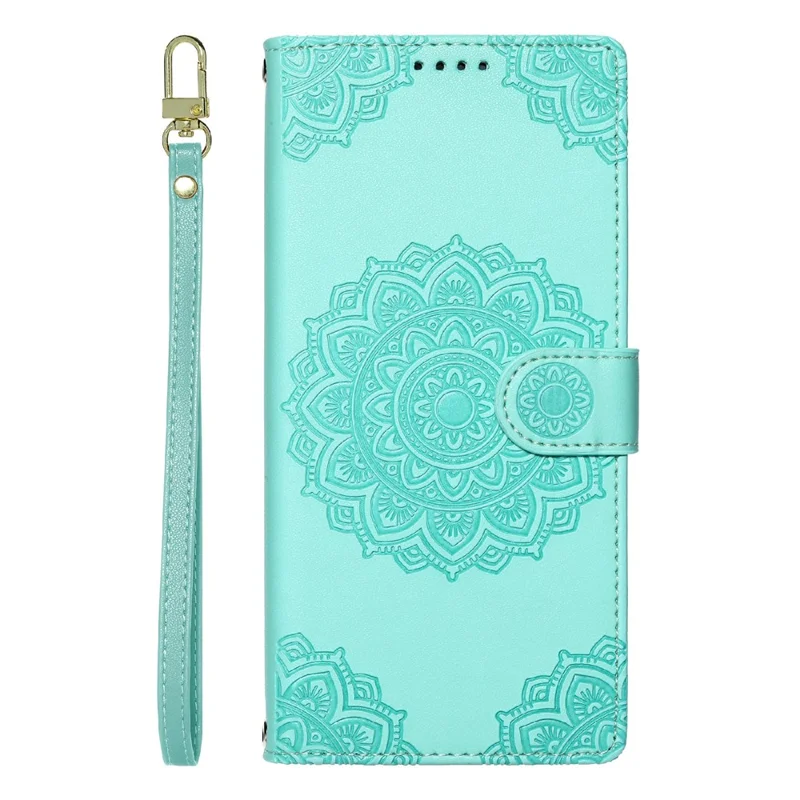 For Samsung Galaxy S24 FE Case Embossed Totem Leather Flip Wallet Phone Cover with Wrist Strap - Baby Blue