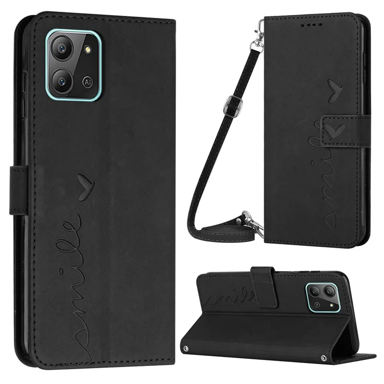 Para Infinix Hot 11 2022 4G Skin-touch PU Cuero Folio Folio Folio Case de Teléfonos Imprimido Forma de Corazón Fuera Magnética Cubierta de Cierre Magnético Con Correa Para el Hombro - Negro