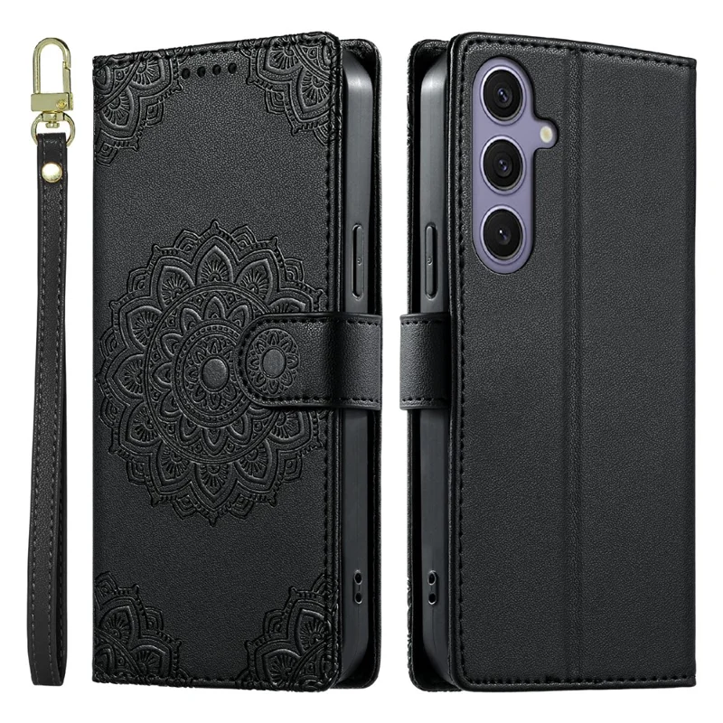 For Samsung Galaxy S24+ /  S25+ Case Embossed Totem Leather Flip Wallet Phone Cover with Wrist Strap - Black
