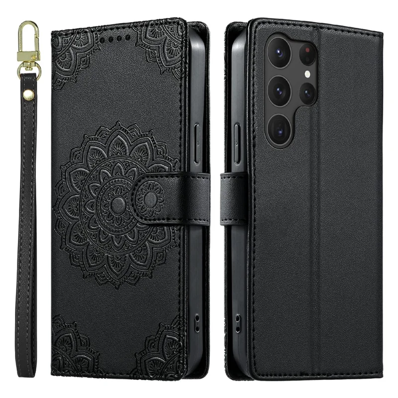 For Samsung Galaxy S25 Ultra Case Embossed Totem Leather Flip Wallet Phone Cover with Wrist Strap - Black