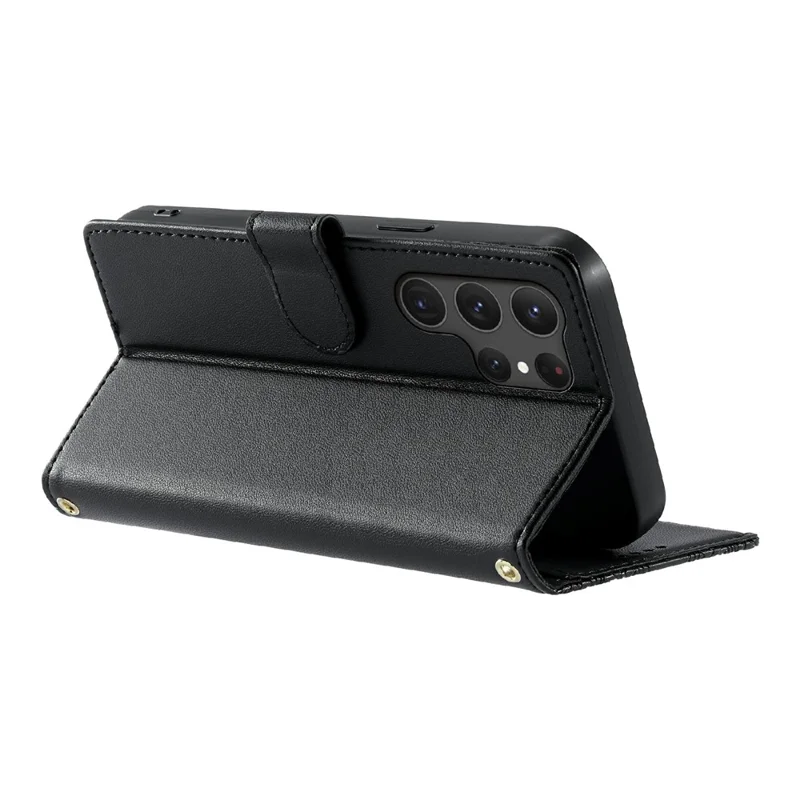 For Samsung Galaxy S25 Ultra Case Embossed Totem Leather Flip Wallet Phone Cover with Wrist Strap - Black