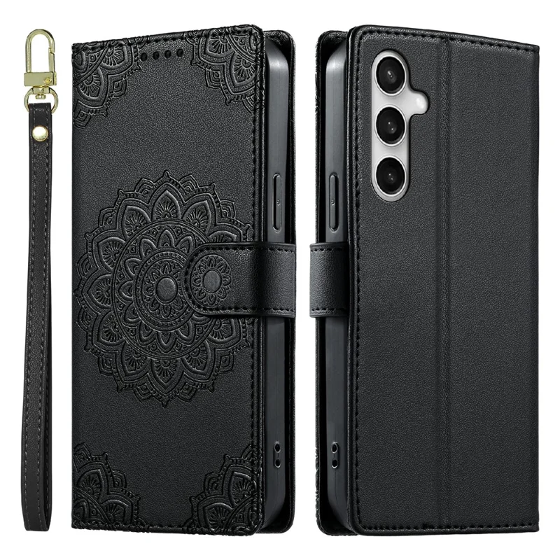 For Samsung Galaxy S25 FE Case Embossed Totem Leather Flip Wallet Phone Cover with Wrist Strap - Black