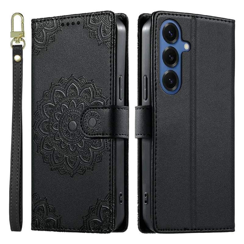 For Samsung Galaxy S26 Case Embossed Totem Leather Flip Wallet Phone Cover with Wrist Strap - Black