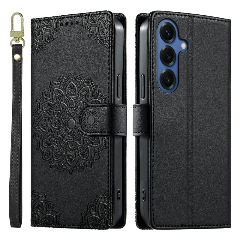 For Samsung Galaxy S26+ Case Embossed Totem Leather Flip Wallet Phone Cover with Wrist Strap - Black