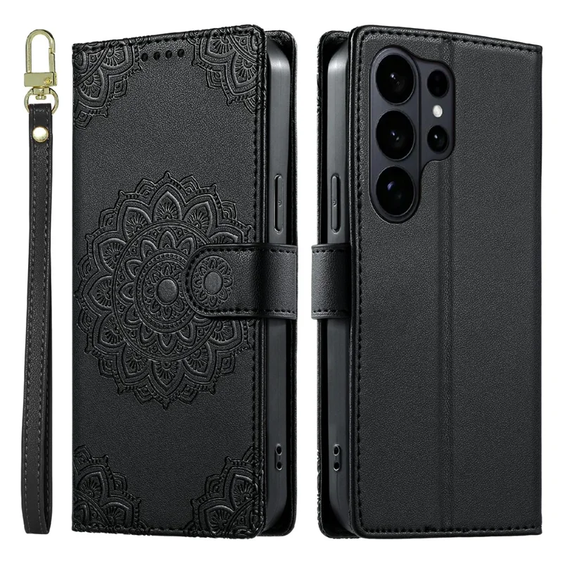 For Samsung Galaxy S26 Ultra Case Embossed Totem Leather Flip Wallet Phone Cover with Wrist Strap - Black