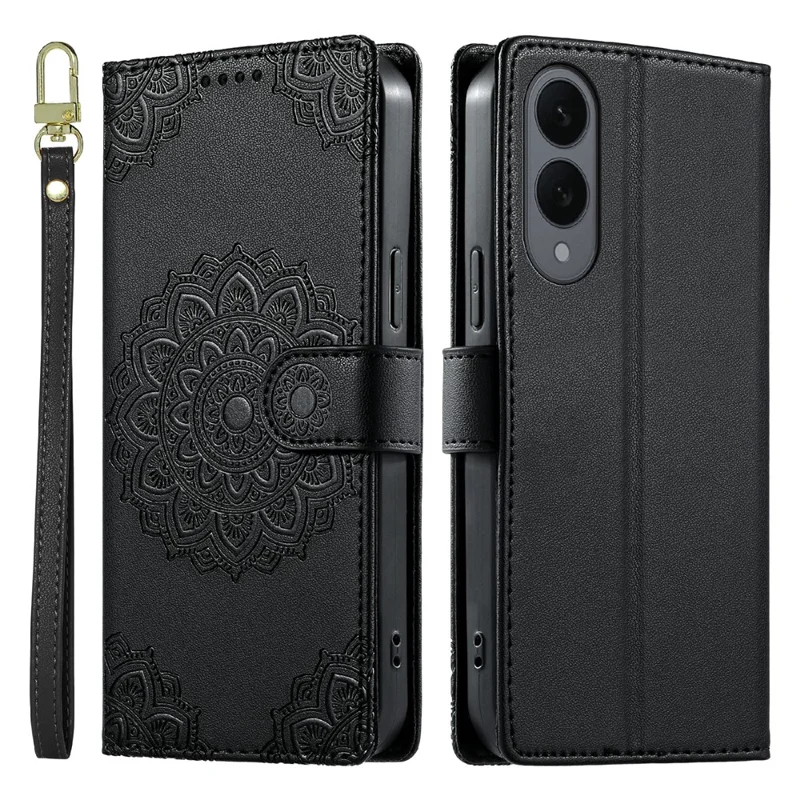 For Samsung Galaxy S25 Edge Case Embossed Totem Leather Flip Wallet Phone Cover with Wrist Strap - Black