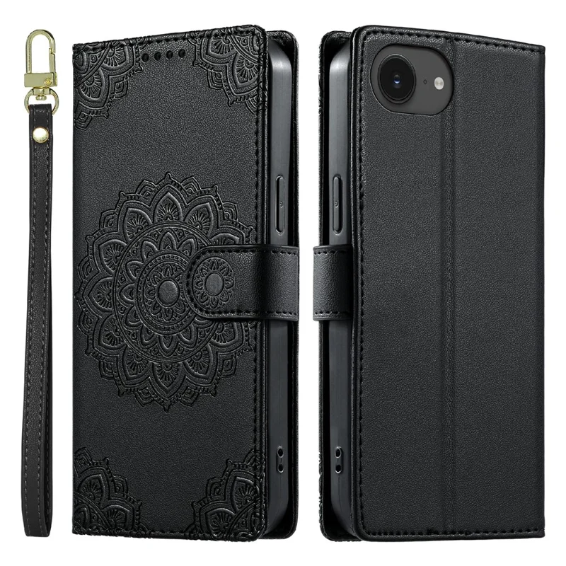 For iPhone 17e  /  16e Case Embossed Totem Leather Flip Wallet Phone Cover with Wrist Strap - Black