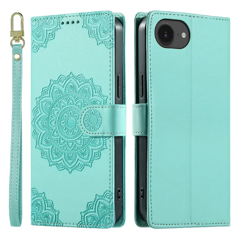 For iPhone 17e  /  16e Case Embossed Totem Leather Flip Wallet Phone Cover with Wrist Strap - Baby Blue