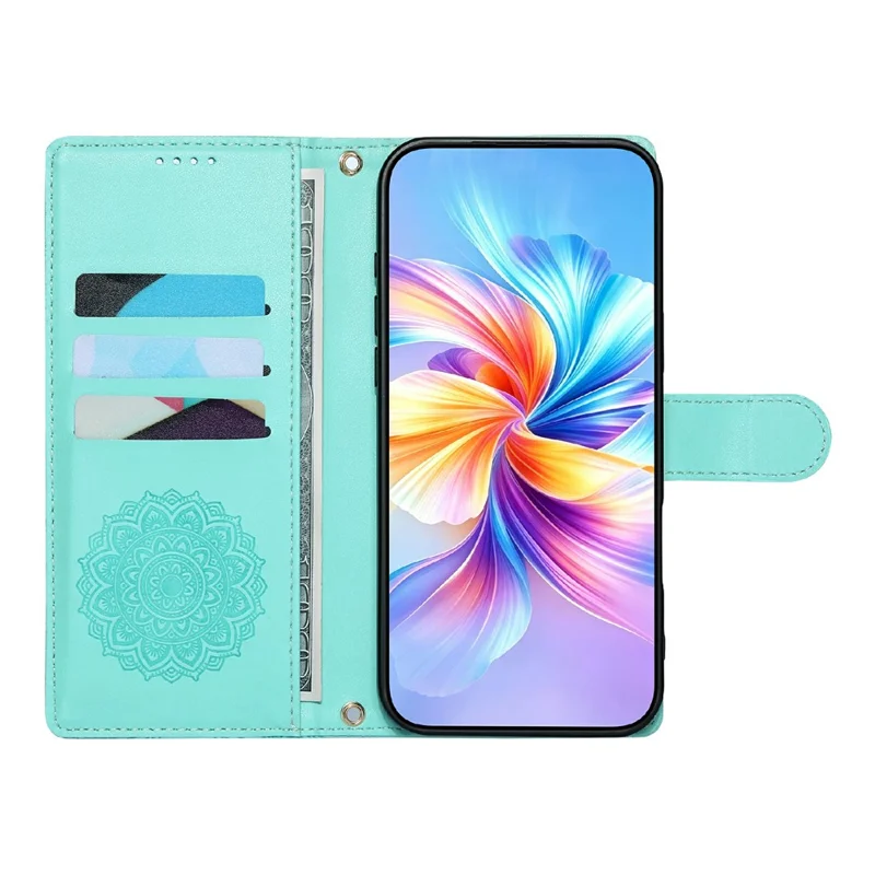 For iPhone 17e  /  16e Case Embossed Totem Leather Flip Wallet Phone Cover with Wrist Strap - Baby Blue