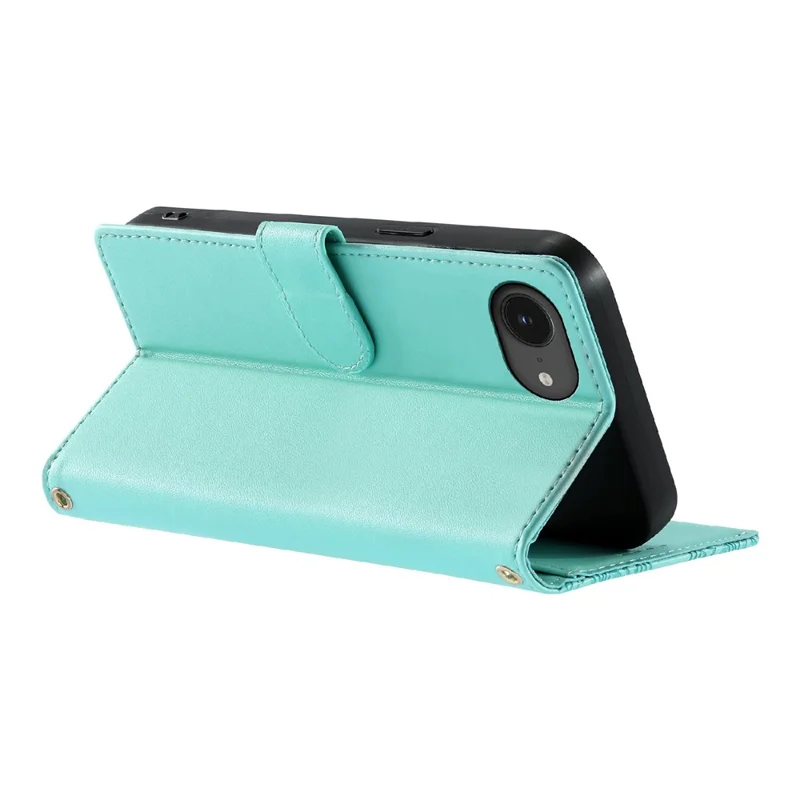 For iPhone 17e  /  16e Case Embossed Totem Leather Flip Wallet Phone Cover with Wrist Strap - Baby Blue