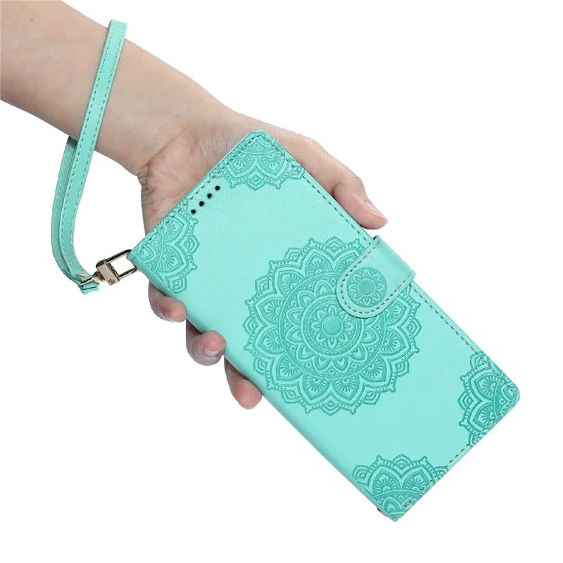 For iPhone 17e  /  16e Case Embossed Totem Leather Flip Wallet Phone Cover with Wrist Strap - Baby Blue