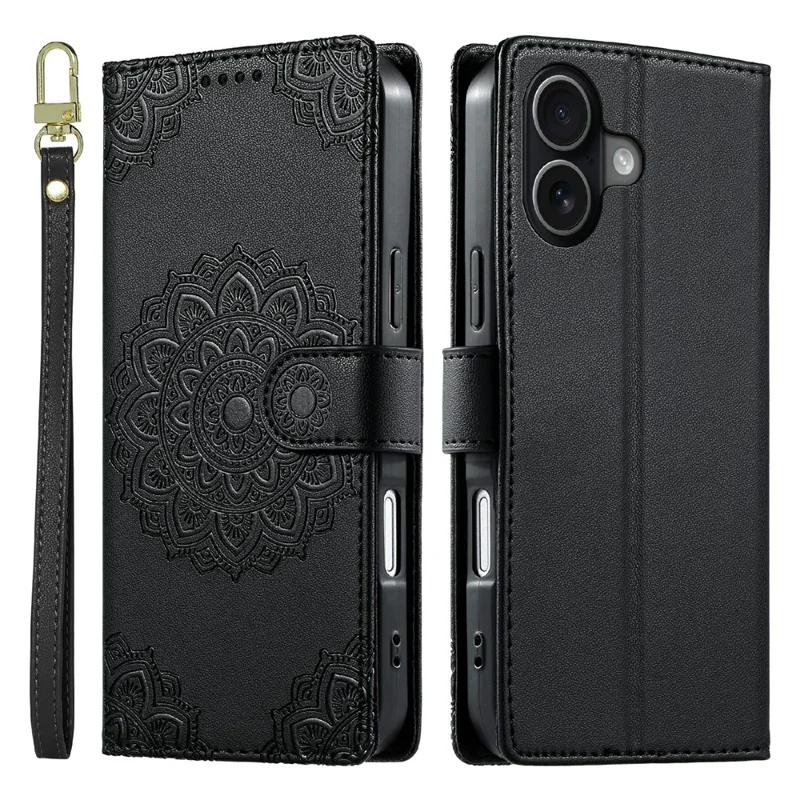 For iPhone 17 Case Embossed Totem Leather Flip Wallet Phone Cover with Wrist Strap - Black