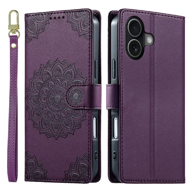 For iPhone 17 Case Embossed Totem Leather Flip Wallet Phone Cover with Wrist Strap - Purple