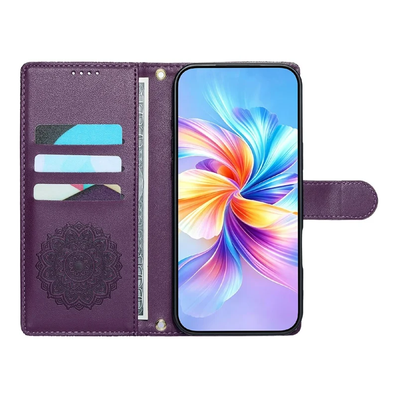 For iPhone 17 Case Embossed Totem Leather Flip Wallet Phone Cover with Wrist Strap - Purple