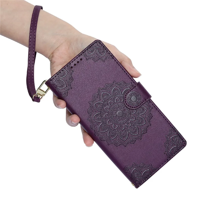 For iPhone 17 Case Embossed Totem Leather Flip Wallet Phone Cover with Wrist Strap - Purple