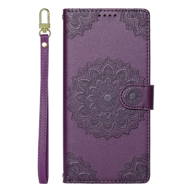 For iPhone 17 Case Embossed Totem Leather Flip Wallet Phone Cover with Wrist Strap - Purple