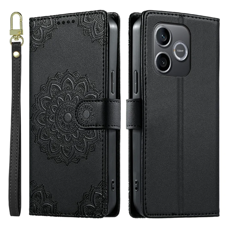 For Honor 600 Lite 5G Case Embossed Totem Leather Flip Wallet Phone Cover with Wrist Strap - Black