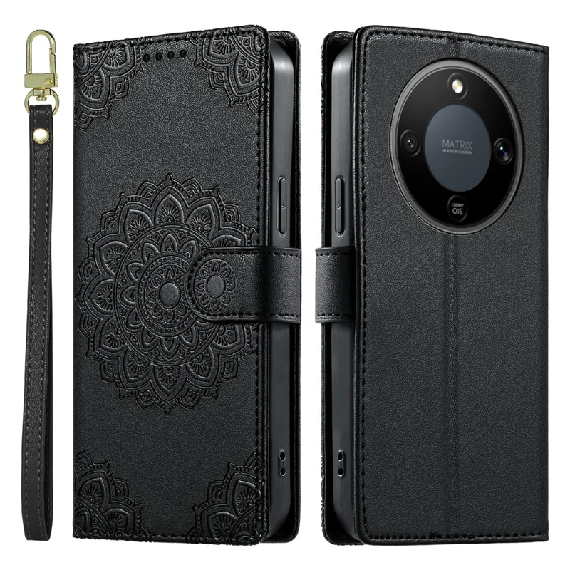 For Honor X70 5G  /  X9d 5G  /  Magic8 Lite 5G Case Embossed Totem Leather Flip Wallet Phone Cover with Wrist Strap - Black