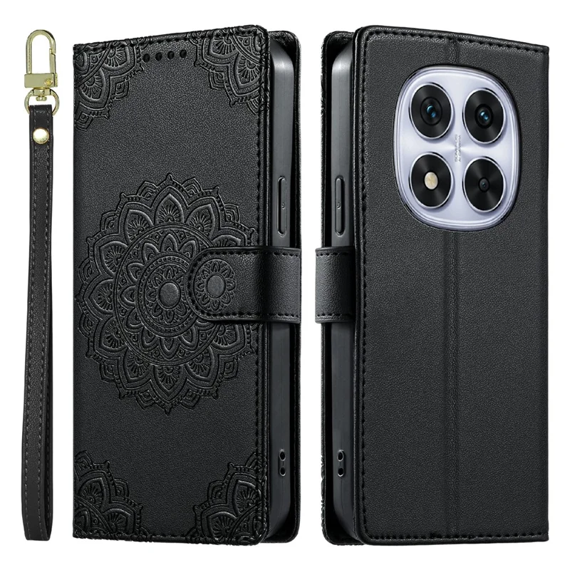 For Xiaomi Redmi Note 14 Pro 5G  /  Note 14 Pro+ 5G  /  Poco X7 5G Case Embossed Totem Leather Flip Wallet Phone Cover with Wrist Strap - Black