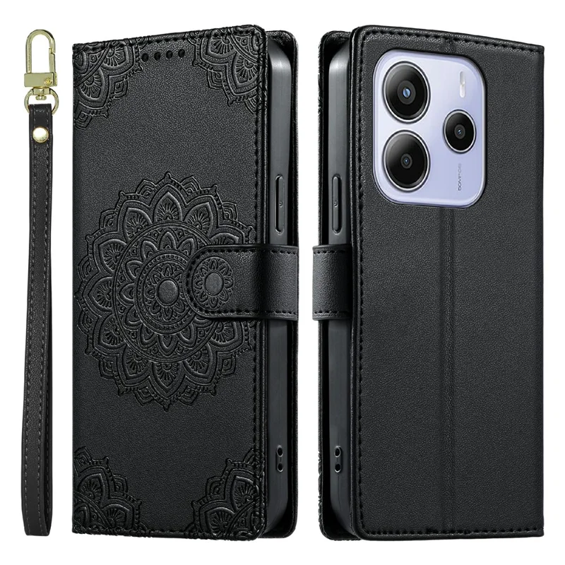For Xiaomi Redmi Note 14 5G Case Embossed Totem Leather Flip Wallet Phone Cover with Wrist Strap - Black