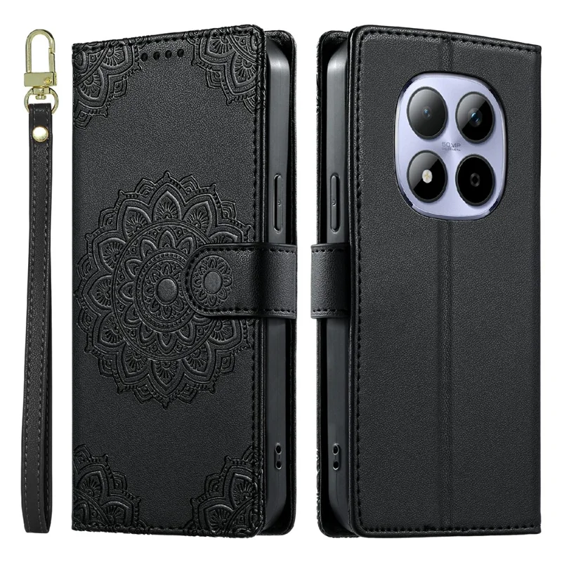 For Xiaomi Redmi Note 15 Pro 5G (Global) Case Embossed Totem Leather Flip Wallet Phone Cover with Wrist Strap - Black